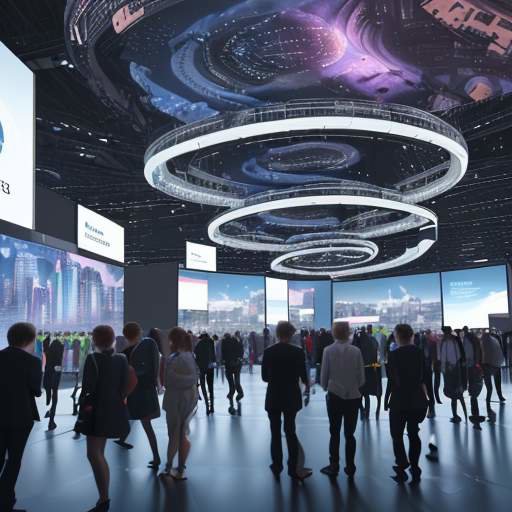 Eine belebte Messehalle auf der AWE 2026, in der Besucher mit riesigen, mehrschichtigen Hologrammen von Stadtlandschaften und Datenvisualisierungen interagieren, um die Grenzen zwischen Realität und digitaler Ergänzung zu verdeutlichen.