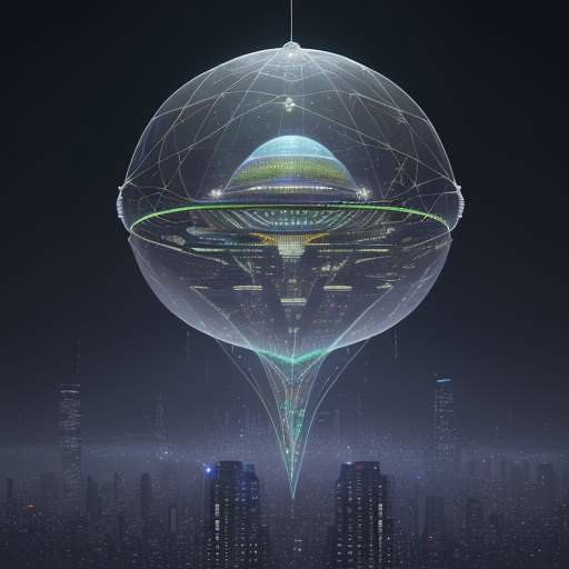 Eine digitale Stadt unter einer schimmernden, mehrschichtigen Schutzkuppel aus geometrischen Mustern und Datenströmen als Symbol für ein robustes, mehrschichtiges Verteidigungssystem.