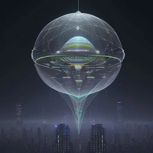 Eine digitale Stadt unter einer schimmernden, mehrschichtigen Schutzkuppel aus geometrischen Mustern und Datenströmen als Symbol für ein robustes, mehrschichtiges Verteidigungssystem.