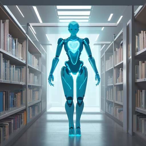 Eine futuristische Bibliothek mit leuchtenden Kristallstrukturen als Datenspeicher, in der eine humanoide Roboter-Silhouette Informationen aus einem Kristall abruft.