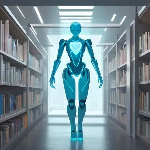Eine futuristische Bibliothek mit leuchtenden Kristallstrukturen als Datenspeicher, in der eine humanoide Roboter-Silhouette Informationen aus einem Kristall abruft.