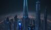 Eine futuristische Skyline bei Dämmerung, in der holografische Datenströme und 3D-Symbole mit der Architektur verschmelzen, um die Verbindung zwischen digitaler Information und physischem Raum zu visualisieren.