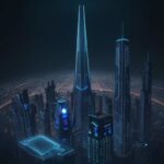 Eine futuristische Skyline bei Dämmerung, in der holografische Datenströme und 3D-Symbole mit der Architektur verschmelzen, um die Verbindung zwischen digitaler Information und physischem Raum zu visualisieren.