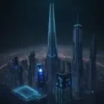 Eine futuristische Skyline bei Dämmerung, in der holografische Datenströme und 3D-Symbole mit der Architektur verschmelzen, um die Verbindung zwischen digitaler Information und physischem Raum zu visualisieren.