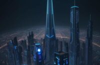 Eine futuristische Skyline bei Dämmerung, in der holografische Datenströme und 3D-Symbole mit der Architektur verschmelzen, um die Verbindung zwischen digitaler Information und physischem Raum zu visualisieren.