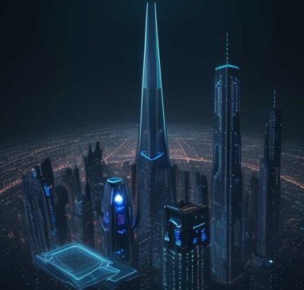 Eine futuristische Skyline bei Dämmerung, in der holografische Datenströme und 3D-Symbole mit der Architektur verschmelzen, um die Verbindung zwischen digitaler Information und physischem Raum zu visualisieren.