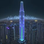 Eine futuristische Skyline bei Nacht mit leuchtenden Wolkenkratzern und schwebenden Hologrammen für Medizin, Technik, Literatur und Ingenieurwesen als Symbol für die vielseitigen Möglichkeiten und den Einfluss künstlicher Intelligenz.