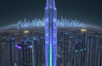 Eine futuristische Skyline bei Nacht mit leuchtenden Wolkenkratzern und schwebenden Hologrammen für Medizin, Technik, Literatur und Ingenieurwesen als Symbol für die vielseitigen Möglichkeiten und den Einfluss künstlicher Intelligenz.