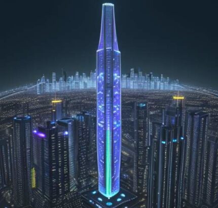 Eine futuristische Skyline bei Nacht mit leuchtenden Wolkenkratzern und schwebenden Hologrammen für Medizin, Technik, Literatur und Ingenieurwesen als Symbol für die vielseitigen Möglichkeiten und den Einfluss künstlicher Intelligenz.