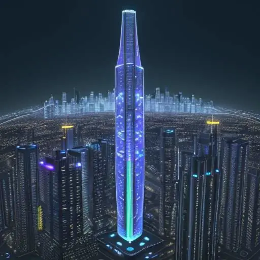 Eine futuristische Skyline bei Nacht mit leuchtenden Wolkenkratzern und schwebenden Hologrammen für Medizin, Technik, Literatur und Ingenieurwesen als Symbol für die vielseitigen Möglichkeiten und den Einfluss künstlicher Intelligenz.