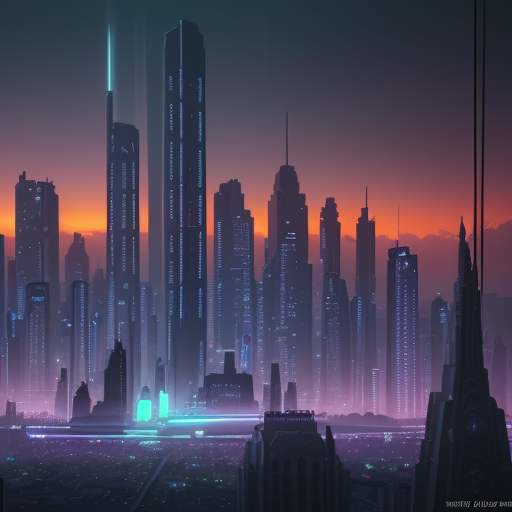 Eine futuristische Skyline bei Sonnenuntergang, in der historische Architektur und antike Monumente mit leuchtenden Glasfaserkabeln und Neonakzenten verschmelzen, als Symbol für die Verbindung von Tradition und moderner Technologie.
