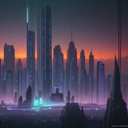 Eine futuristische Skyline bei Sonnenuntergang, in der historische Architektur und antike Monumente mit leuchtenden Glasfaserkabeln und Neonakzenten verschmelzen, als Symbol für die Verbindung von Tradition und moderner Technologie.