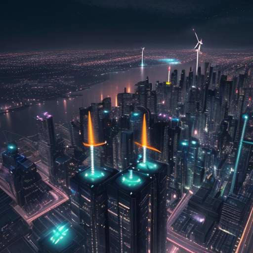 Eine futuristische Stadt bei Nacht mit einer leuchtenden Skyline, die durch Windkraftanlagen, Solarpaneele und modulare Kernreaktoren mit nachhaltiger Energie versorgt wird.