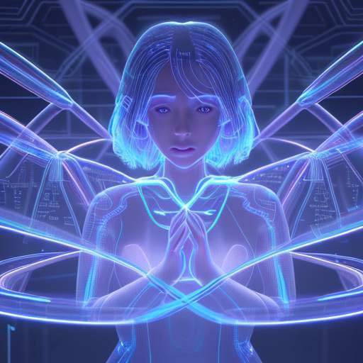 Eine menschliche Hand interagiert in einem futuristischen Labor mit einer holografischen DNA-Struktur und chemischen Formeln vor hochtechnologischer Ausrüstung.