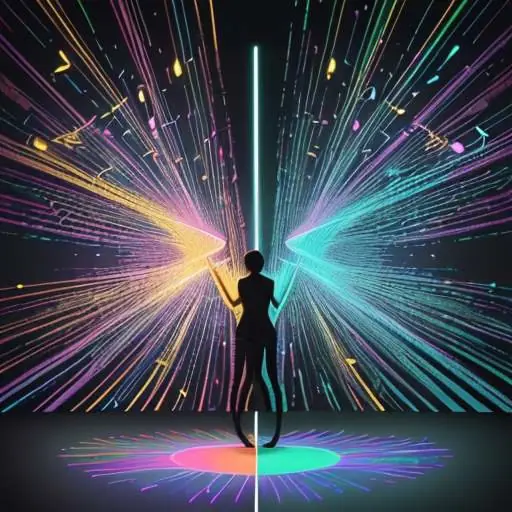 Eine Split-Screen-Visualisierung, die eine farbenfrohe Welt der Kunst mit einem strukturierten, leuchtenden Datennetzwerk verbindet, die sich in der Mitte zu einer harmonischen Lichtkugel aus Logik und Kreativität vereinen.