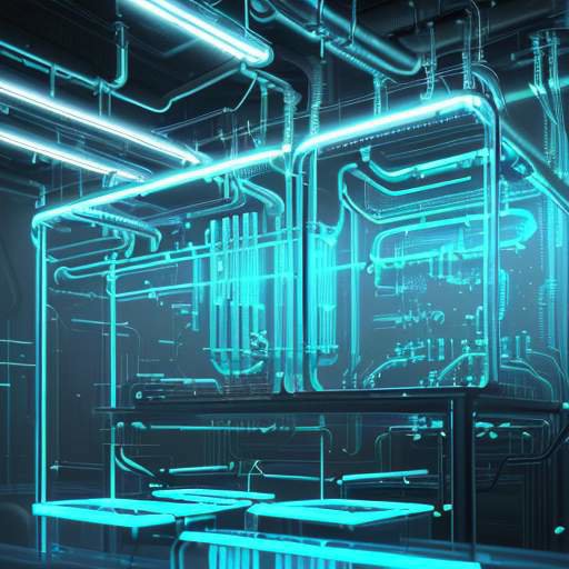 Futuristische industrielle Kühlsysteme mit leuchtenden, cyanfarbenen Flüssigkeiten in transparenten Rohren innerhalb einer hochmodernen Industrieanlage.