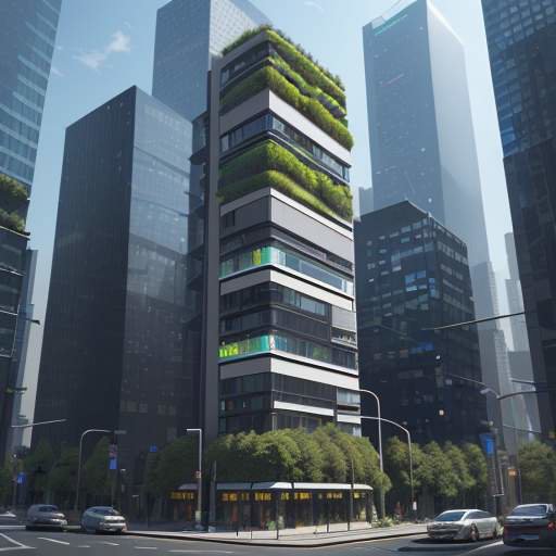 Futuristisches Stadtbild: Smarte Kreuzung mit vertikalen Gärten und holografischen Luftreinigungssimulationen, die Umweltüberwachung zeigen.