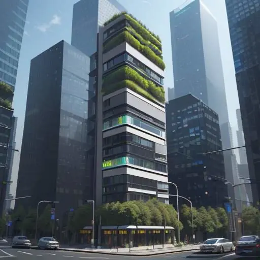 Futuristisches Stadtbild: Smarte Kreuzung mit vertikalen Gärten und holografischen Luftreinigungssimulationen, die Umweltüberwachung zeigen.
