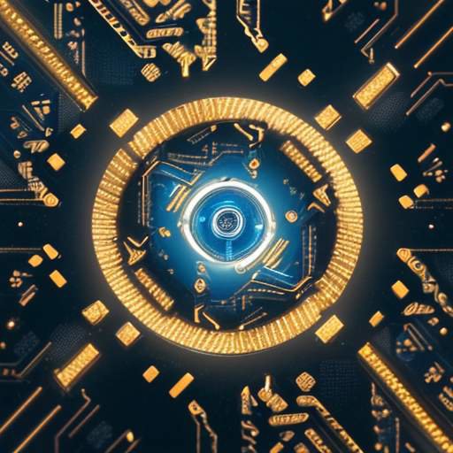 Makroaufnahme eines modernen GPU-Chips mit glühenden goldenen und blauen Lichteffekten und detaillierten Schaltkreisstrukturen auf metallischem Untergrund.