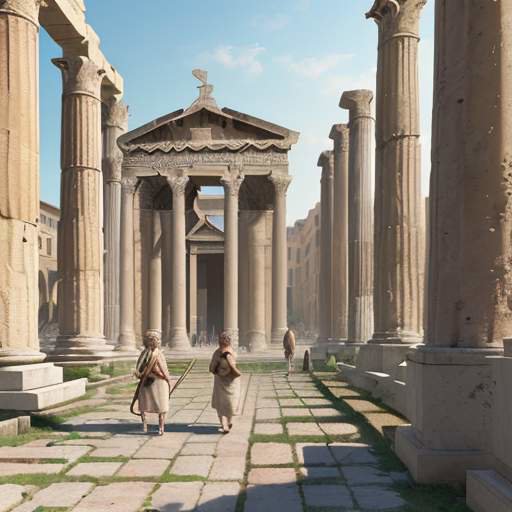 Schüler nutzen leuchtende Tablets in einer fotorealistischen Rekonstruktion eines antiken römischen Forums mit massiven Marmorsäulen unter mediterranem Sonnenlicht.