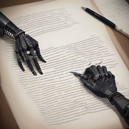 Split-Screen-Aufteilung: Eine menschliche Hand schreibt auf Pergamentpapier, während eine Roboterarm auf einer holografischen Tastatur tippt, als Symbol für den Kontrast zwischen menschlicher Note und technologischer Automatisierung.