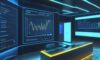 Ein futuristisches Büro mit einem großen Hologramm, das ein komplexes Netzwerk aus Datenpunkten und Symbolen für Logistik, Finanzen und Marketing in blau-goldenen Tönen visualisiert.