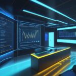 Ein futuristisches Büro mit einem großen Hologramm, das ein komplexes Netzwerk aus Datenpunkten und Symbolen für Logistik, Finanzen und Marketing in blau-goldenen Tönen visualisiert.