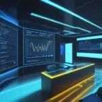 Ein futuristisches Büro mit einem großen Hologramm, das ein komplexes Netzwerk aus Datenpunkten und Symbolen für Logistik, Finanzen und Marketing in blau-goldenen Tönen visualisiert.