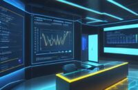 Ein futuristisches Büro mit einem großen Hologramm, das ein komplexes Netzwerk aus Datenpunkten und Symbolen für Logistik, Finanzen und Marketing in blau-goldenen Tönen visualisiert.
