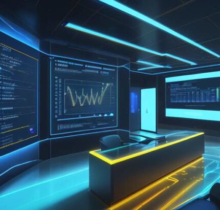 Ein futuristisches Büro mit einem großen Hologramm, das ein komplexes Netzwerk aus Datenpunkten und Symbolen für Logistik, Finanzen und Marketing in blau-goldenen Tönen visualisiert.