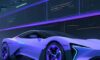 Ein futuristisches Elektroauto fährt nachts durch eine moderne Metropole mit leuchtenden Neonfarben und einem holografischen Dashboard, das vernetzte Daten visualisiert.