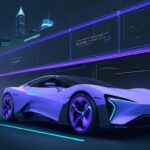 Ein futuristisches Elektroauto fährt nachts durch eine moderne Metropole mit leuchtenden Neonfarben und einem holografischen Dashboard, das vernetzte Daten visualisiert.