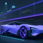 Ein futuristisches Elektroauto fährt nachts durch eine moderne Metropole mit leuchtenden Neonfarben und einem holografischen Dashboard, das vernetzte Daten visualisiert.