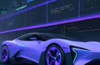 Ein futuristisches Elektroauto fährt nachts durch eine moderne Metropole mit leuchtenden Neonfarben und einem holografischen Dashboard, das vernetzte Daten visualisiert.