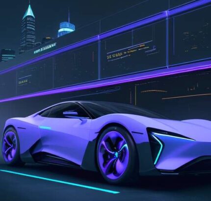Ein futuristisches Elektroauto fährt nachts durch eine moderne Metropole mit leuchtenden Neonfarben und einem holografischen Dashboard, das vernetzte Daten visualisiert.