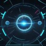Ein futuristisches, hochmodernes Kontrollzentrum mit einem großen holografischen Display, auf dem Webbrowser und Datenströme visualisiert werden, während eine leuchtende blaue Kugel einen KI-Agenten in einer digitalen Umgebung darstellt.