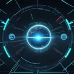 Ein futuristisches, hochmodernes Kontrollzentrum mit einem großen holografischen Display, auf dem Webbrowser und Datenströme visualisiert werden, während eine leuchtende blaue Kugel einen KI-Agenten in einer digitalen Umgebung darstellt.