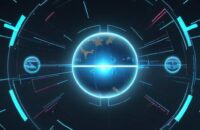 Ein futuristisches, hochmodernes Kontrollzentrum mit einem großen holografischen Display, auf dem Webbrowser und Datenströme visualisiert werden, während eine leuchtende blaue Kugel einen KI-Agenten in einer digitalen Umgebung darstellt.