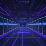 Ein futuristisches Rechenzentrum mit Serverreihen, die von blauem und violettem Licht beleuchtet werden, kombiniert mit schwebenden Hologrammen von Datenvisualisierungen und neuronalen Netzen als Symbol für AIOps.