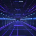 Ein futuristisches Rechenzentrum mit Serverreihen, die von blauem und violettem Licht beleuchtet werden, kombiniert mit schwebenden Hologrammen von Datenvisualisierungen und neuronalen Netzen als Symbol für AIOps.