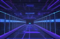 Ein futuristisches Rechenzentrum mit Serverreihen, die von blauem und violettem Licht beleuchtet werden, kombiniert mit schwebenden Hologrammen von Datenvisualisierungen und neuronalen Netzen als Symbol für AIOps.