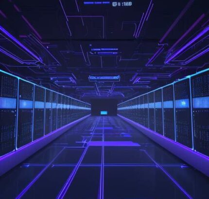 Ein futuristisches Rechenzentrum mit Serverreihen, die von blauem und violettem Licht beleuchtet werden, kombiniert mit schwebenden Hologrammen von Datenvisualisierungen und neuronalen Netzen als Symbol für AIOps.