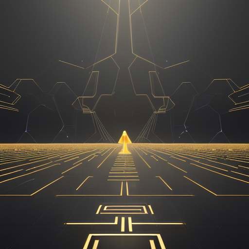 Ein glühendes digitales Netzwerk als Symbol für das Internet, in dem ein goldener Pfad sicher durch ein Labyrinth aus grauen Barrieren führt.