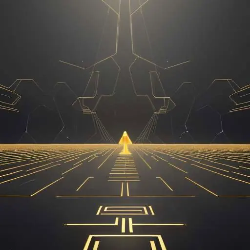 Ein glühendes digitales Netzwerk als Symbol für das Internet, in dem ein goldener Pfad sicher durch ein Labyrinth aus grauen Barrieren führt.
