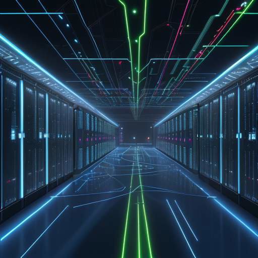 Ein hochmodernes Rechenzentrum mit Serverreihen, über das ein leuchtendes Hologramm eines neuronalen Netzes legt und die intelligente Vernetzung von Cloud-Infrastrukturen und KI visualisiert.