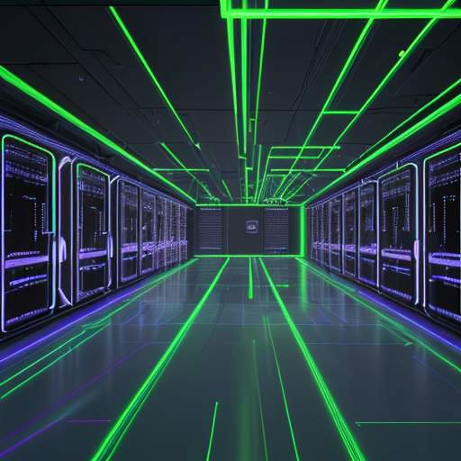 Eine futuristische Darstellung eines High-Tech-Serverraums mit leuchtenden Datenströmen und einer holografischen Softwarearchitektur, die aus goldenen Lichtpartikeln besteht.