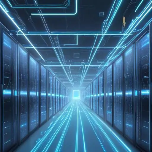 Eine futuristische Darstellung eines Rechenzentrums, bei dem leuchtende Glasfaserkabel aus Serverracks in eine digitale Autobahn übergehen, auf der Autos als Symbole für den Datenaustausch zwischen Cloud und Fahrzeugen fahren.