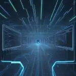 Eine futuristische digitale Landschaft mit leuchtenden Datenpfaden, die verschiedene Geschäftsbereiche wie Logistik und Kundensupport in einer modernen Cloud-Umgebung miteinander verbinden.