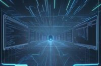 Eine futuristische digitale Landschaft mit leuchtenden Datenpfaden, die verschiedene Geschäftsbereiche wie Logistik und Kundensupport in einer modernen Cloud-Umgebung miteinander verbinden.