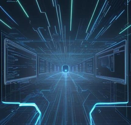 Eine futuristische digitale Landschaft mit leuchtenden Datenpfaden, die verschiedene Geschäftsbereiche wie Logistik und Kundensupport in einer modernen Cloud-Umgebung miteinander verbinden.